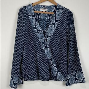 Knox Rose Women's Medium Navy Wrap Blouse Bell Sleeve Work Wear Gathered Waist